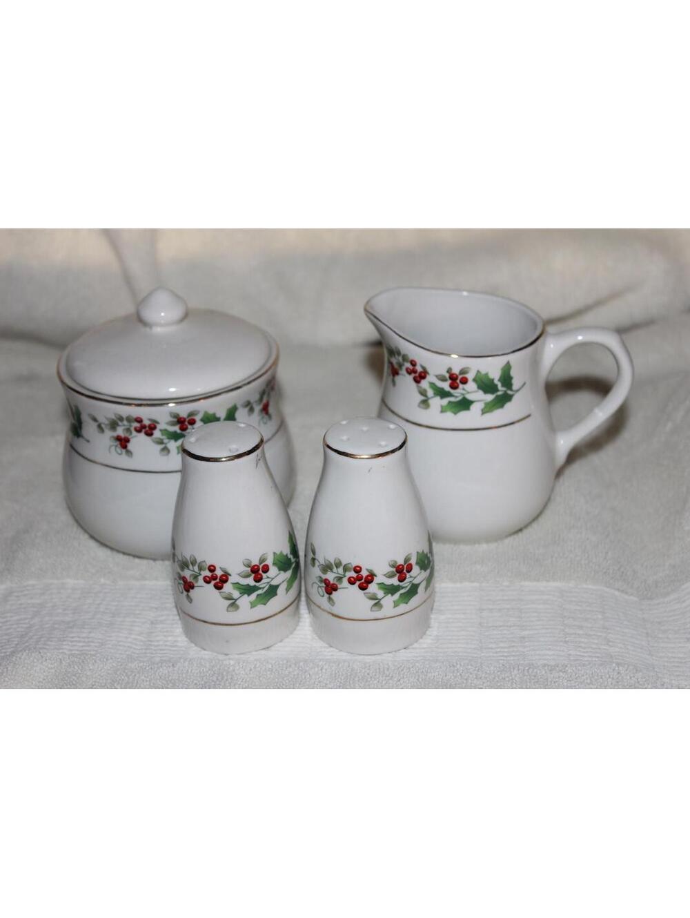 GIBSON 4 PIECE CHRISTMAS CREAMER SUGAR SALT PEPPER SHAKERS HOLLY LEAVES BERRIES